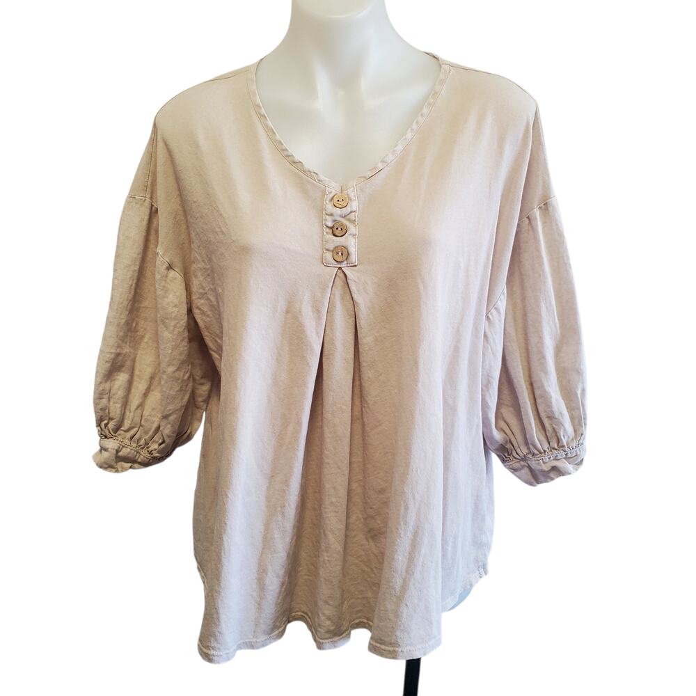 M. Rena Linen Blouse Oversized Med USA Made Boho Artsy Peasant Top Puff Sleeves
